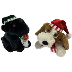 Vntg Walmart Christmas Plush Lot of 2 Dogs Puppies in Hats Black Brown White 6"